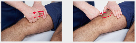 Two images of a doctor examining someones knee joint.