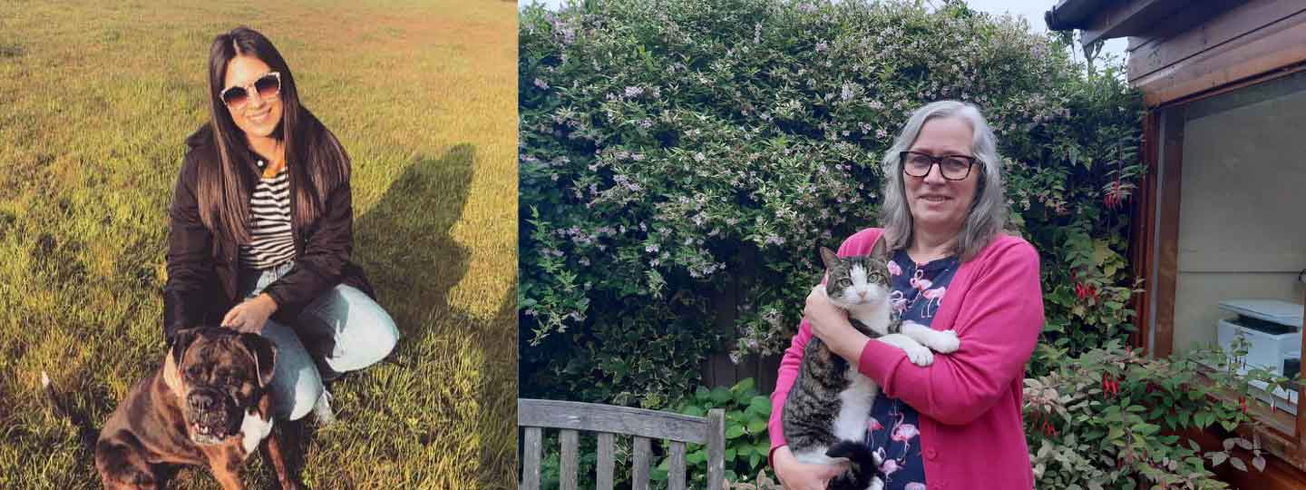 Faye with her dog and Linda with her cat outside.