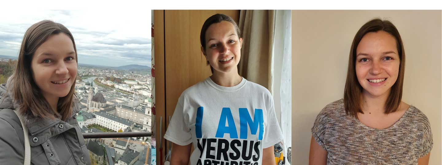 Bethan outside and at home wearing a Versus Arthritis t-shirt.