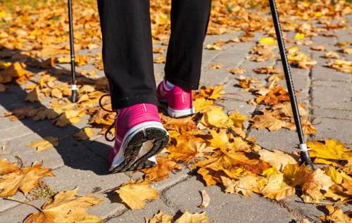 Person wearing pink trainers Nordic Walking in autumn