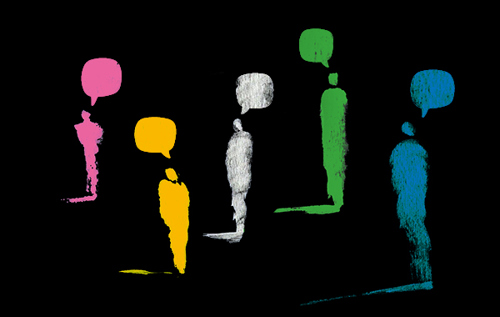 Illustration of colourful silhouettes with speech bubbles